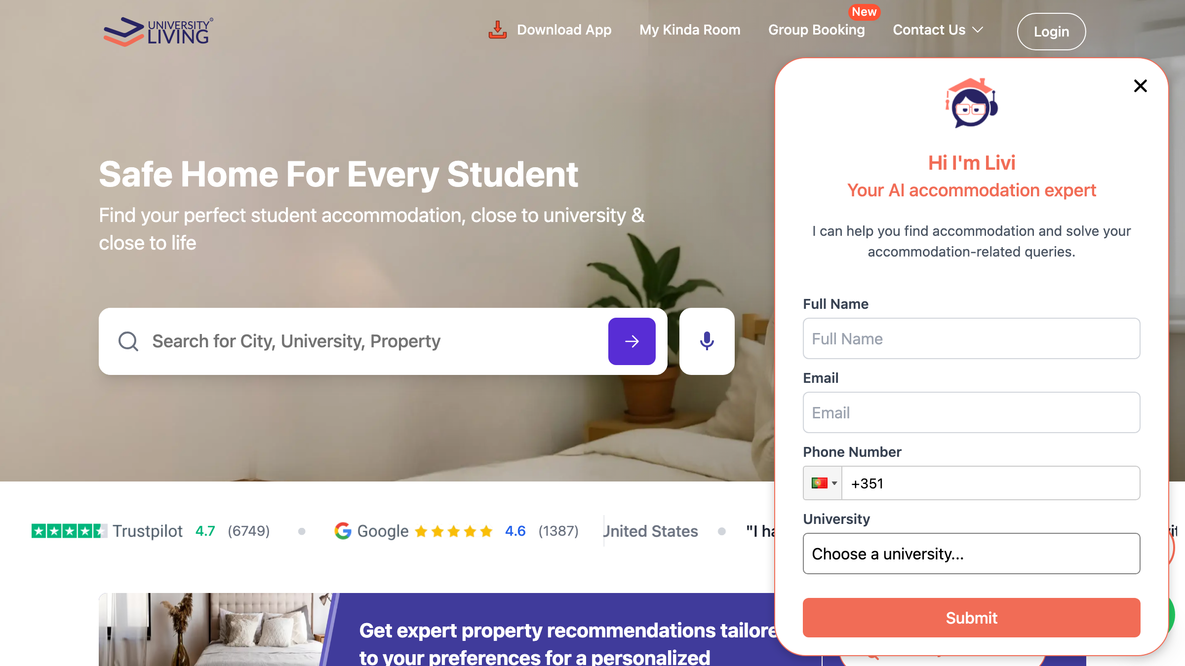 University Living page preview